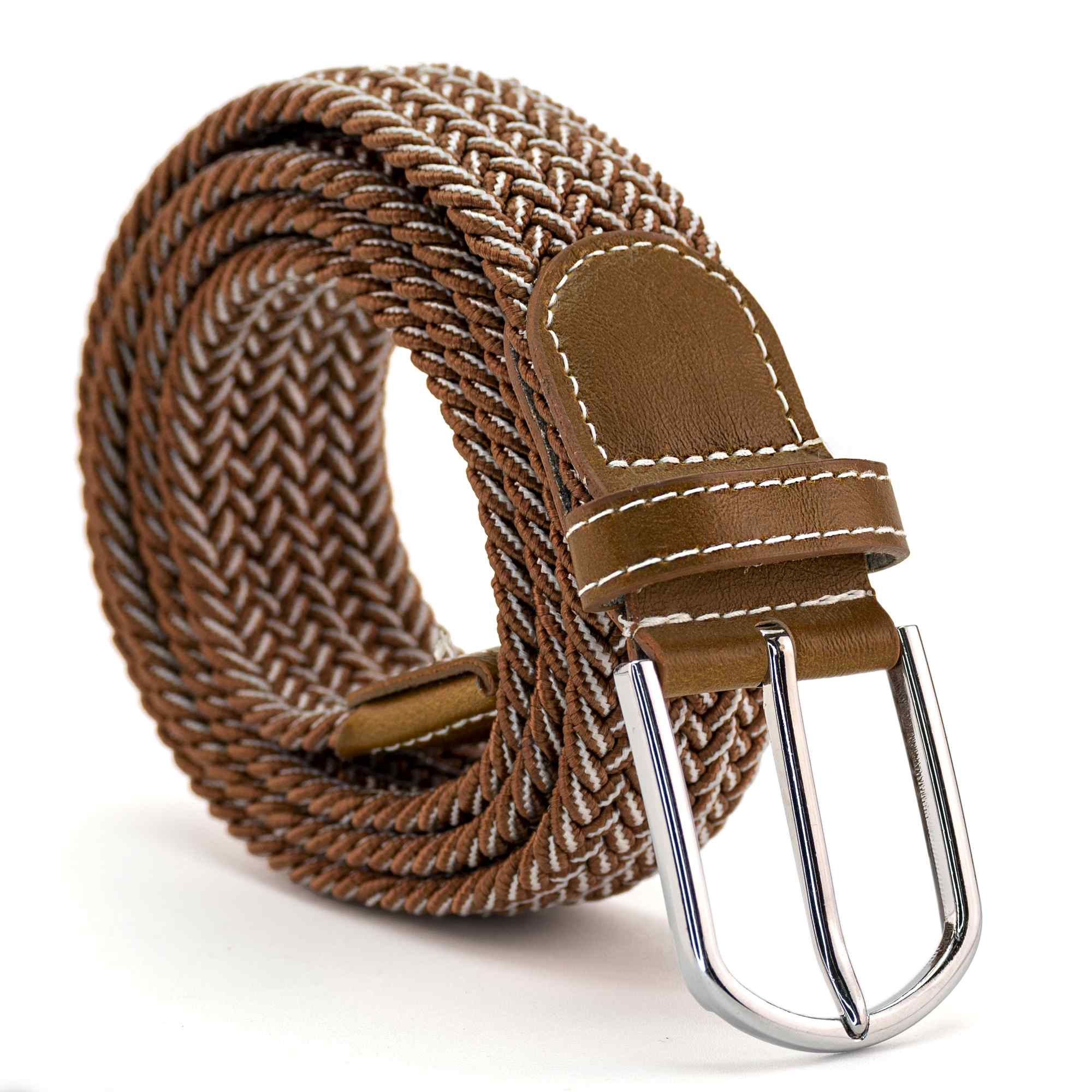 Cinturón trenzado extensible y elástico 110 cm blanco y marron