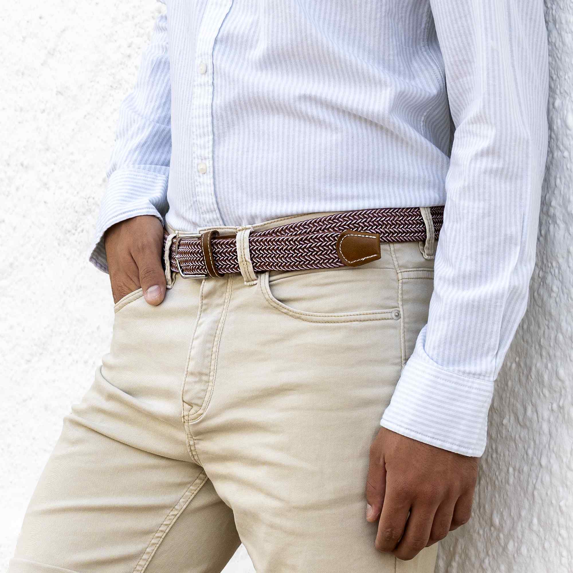 Cinturón trenzado extensible y elástico 110 cm blanco y marron - imagen 6