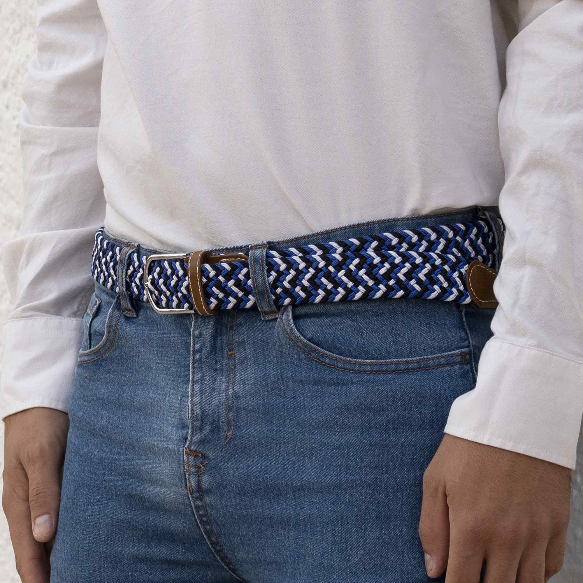 Cinturón trenzado extensible y elástico 110 cm blanco azul y negro - imagen 6