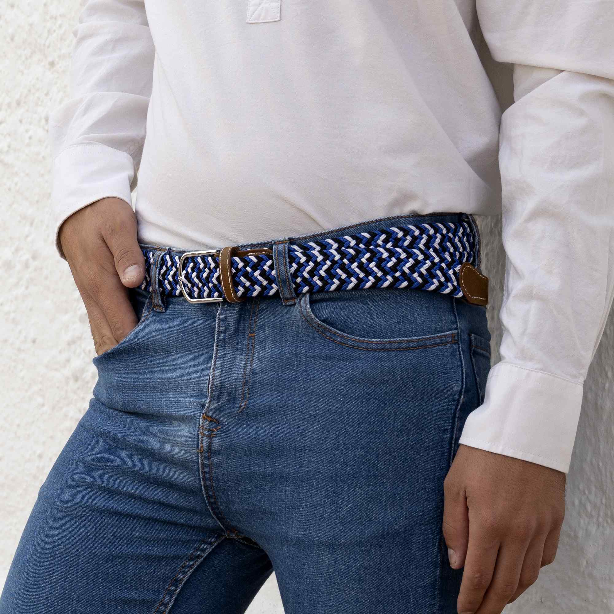 Cinturón trenzado extensible y elástico 110 cm blanco azul y negro - imagen 7