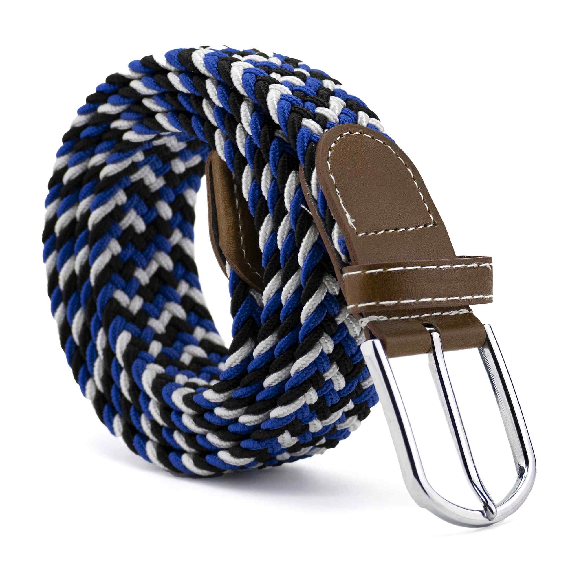 Cinturón trenzado extensible y elástico 110 cm blanco azul y negro
