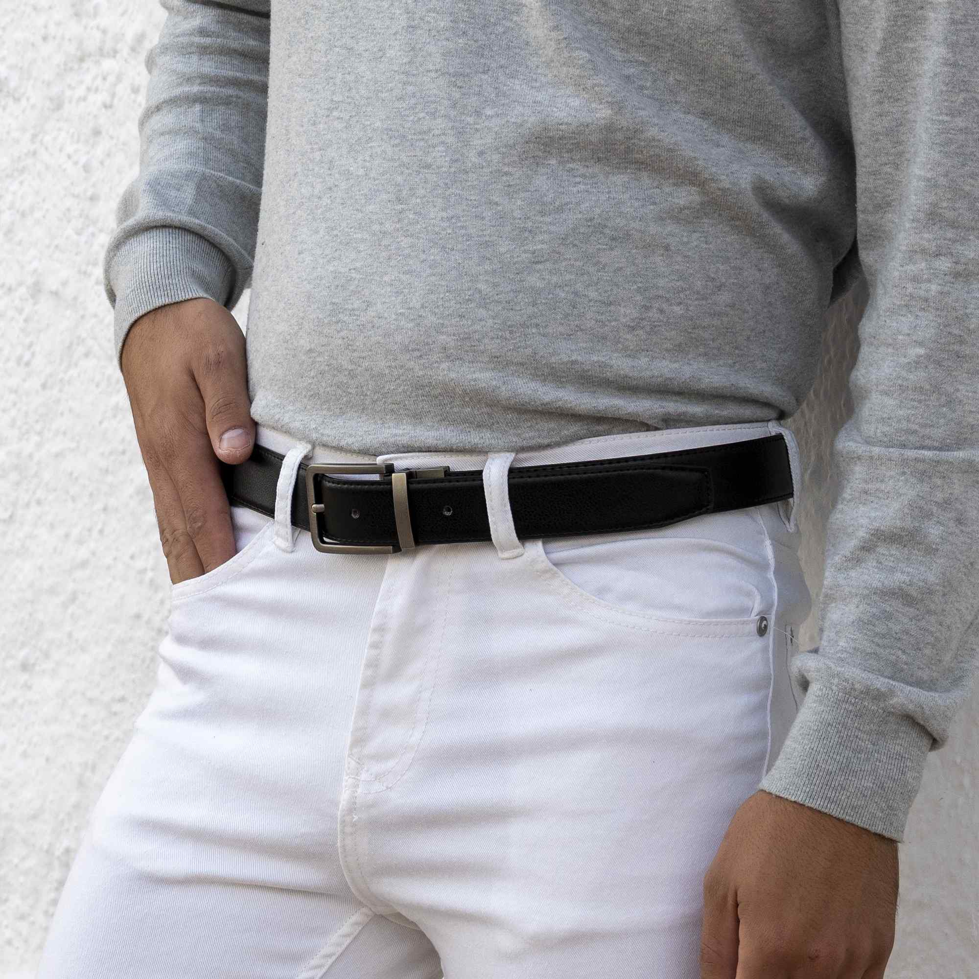 Cinturón liso reversible de cuero 120 cm negro y marron - imagen 6