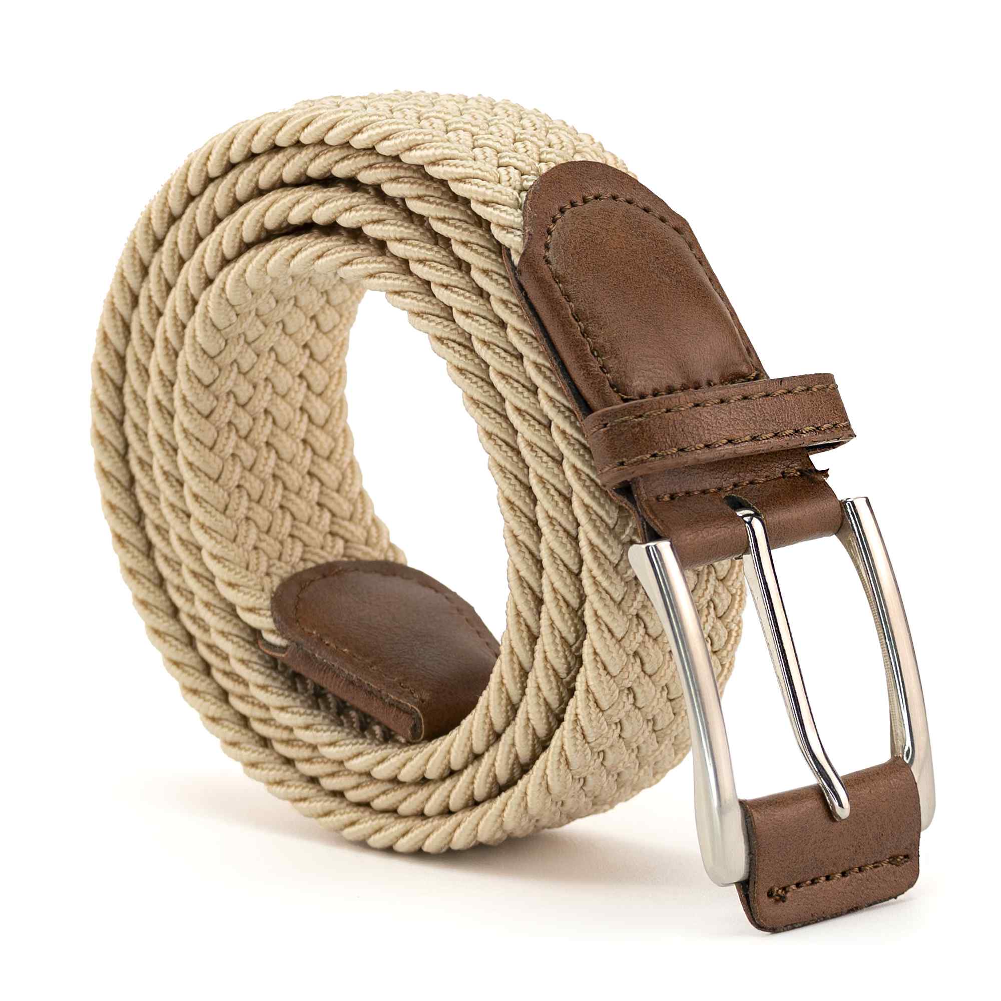Cinturón trenzado elástico hebilla acabada en cuero 100 cm beige