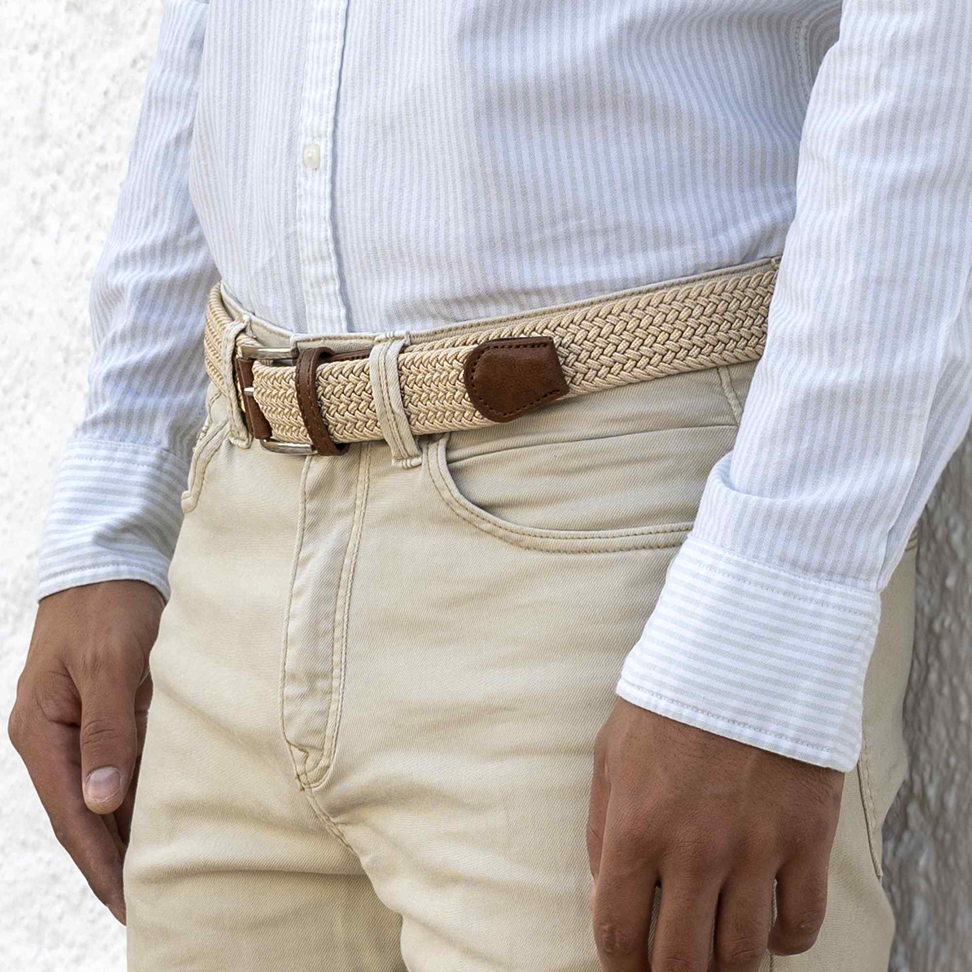 Cinturón trenzado elástico hebilla acabada en cuero 100 cm beige - imagen 6