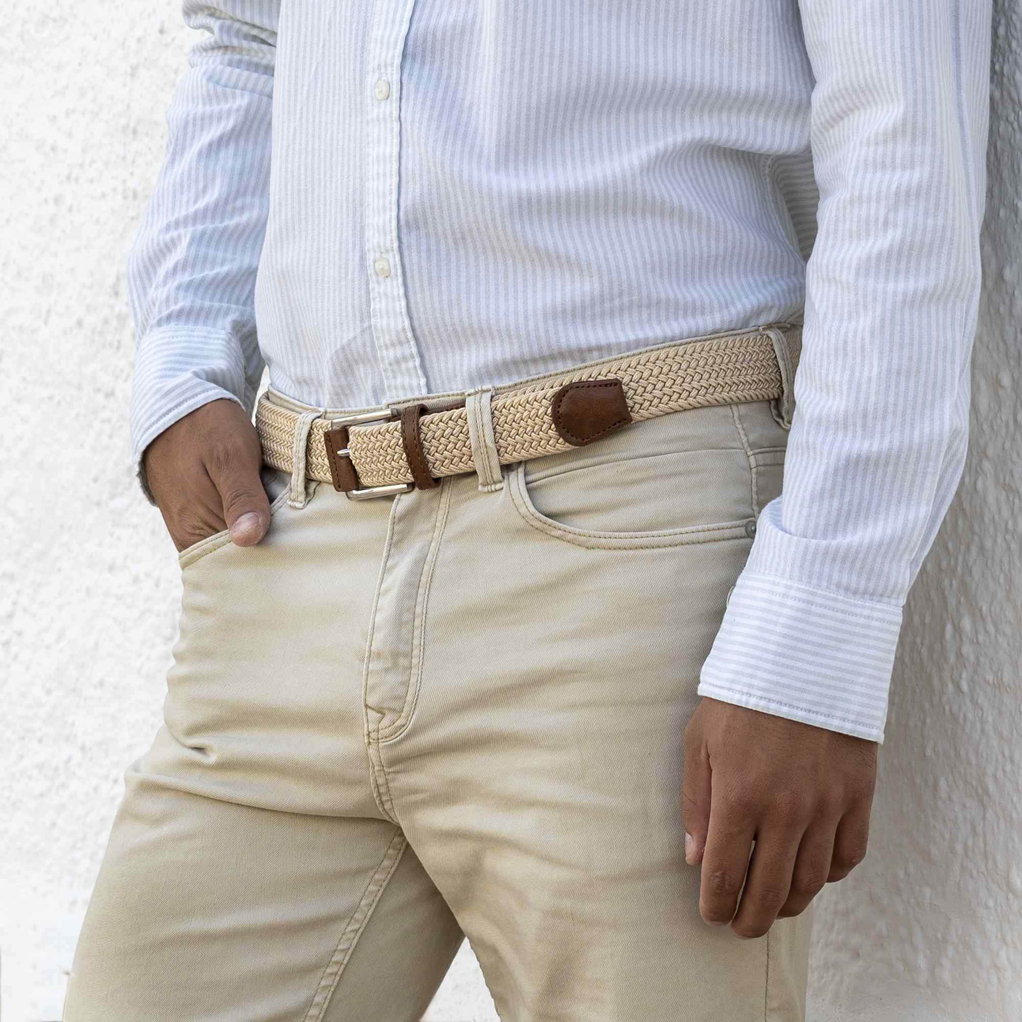 Cinturón trenzado elástico hebilla acabada en cuero 100 cm beige - imagen 7