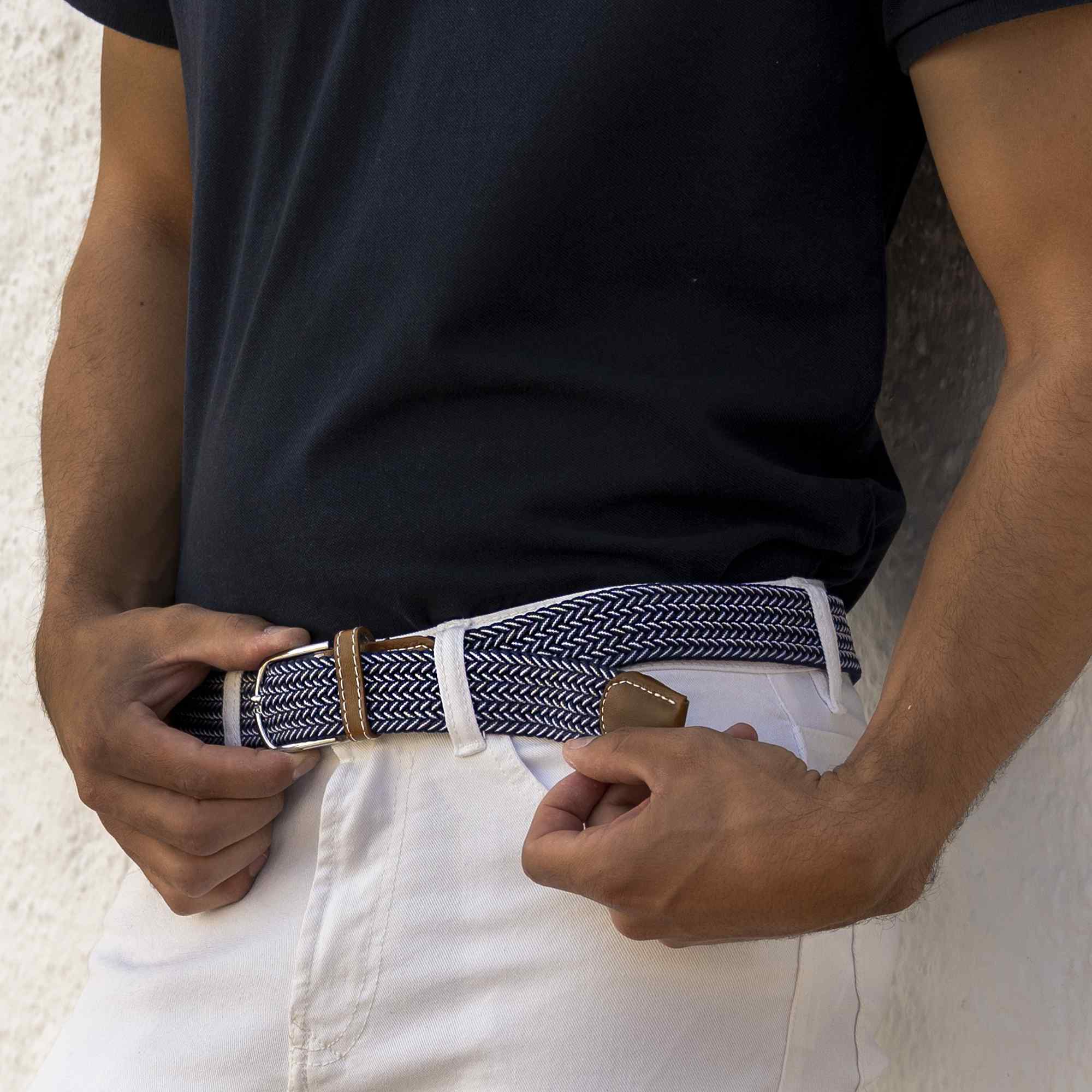 Cinturón trenzado extensible y elástico 110 cm azul y blanco - imagen 6