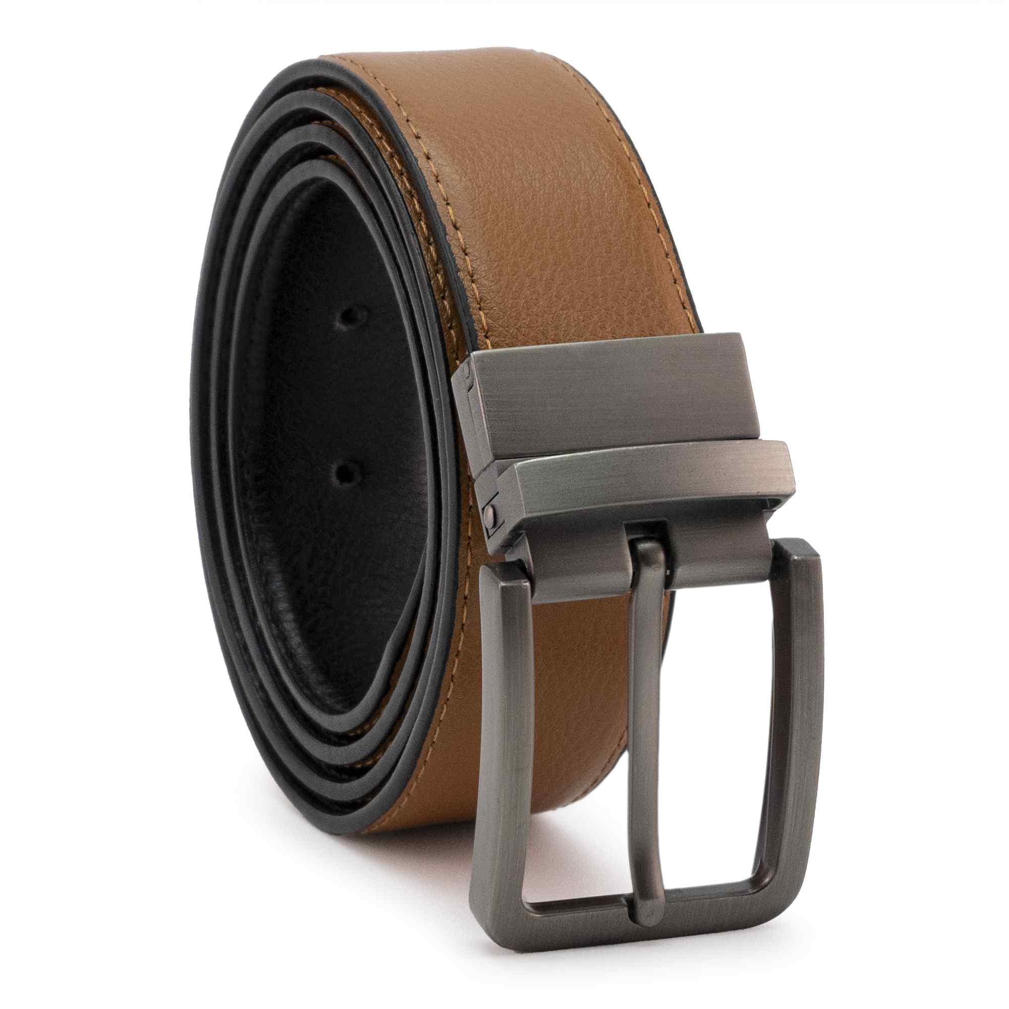 Cinturón liso reversible de cuero 110 cm negro y marron claro - imagen 3