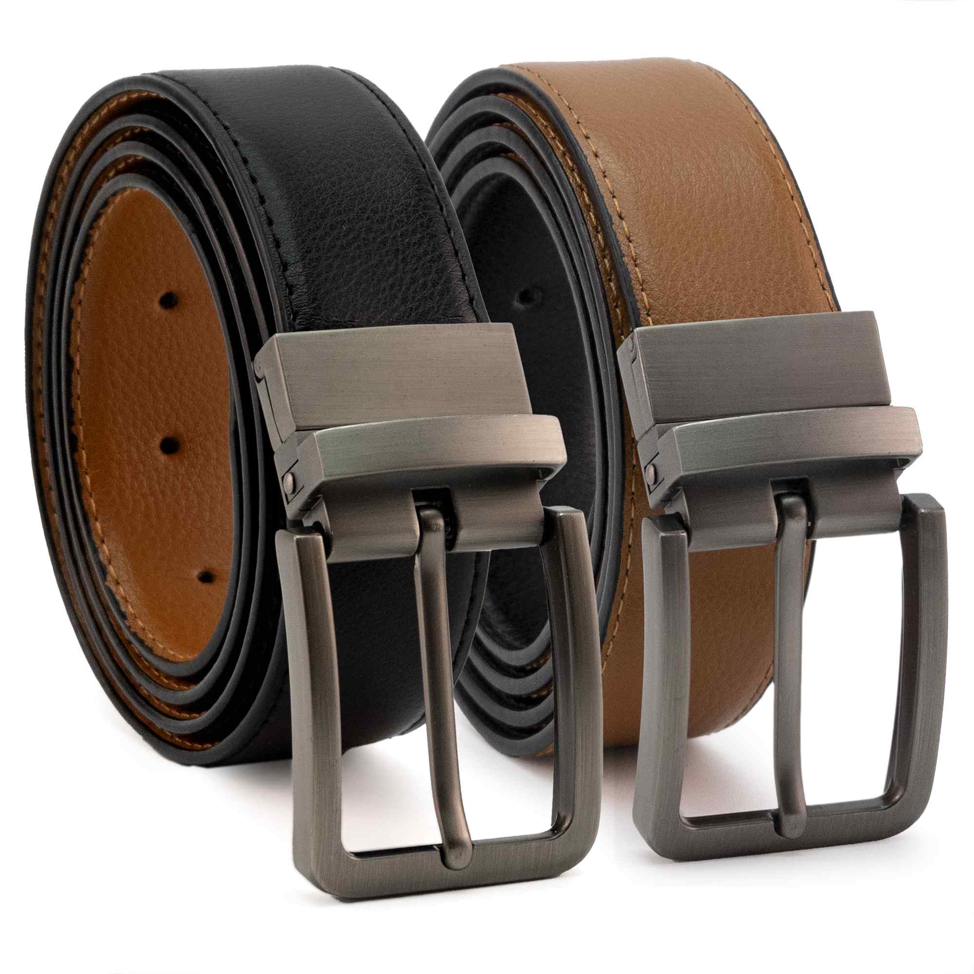 Cinturón liso reversible de cuero 125 cm negro y marron claro