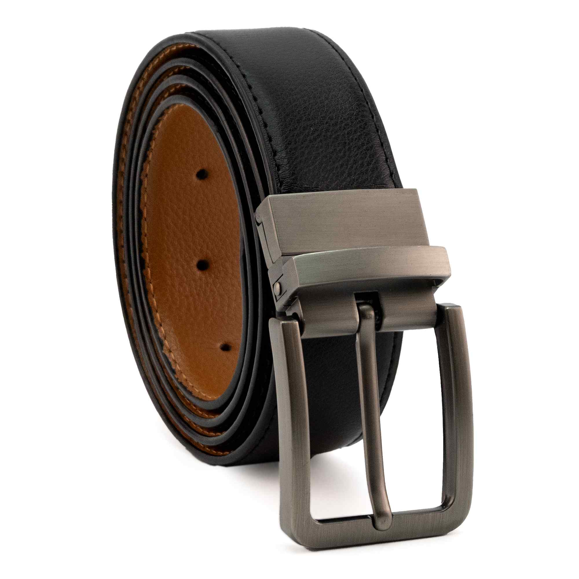 Cinturón liso reversible de cuero 125 cm negro y marron claro - imagen 2