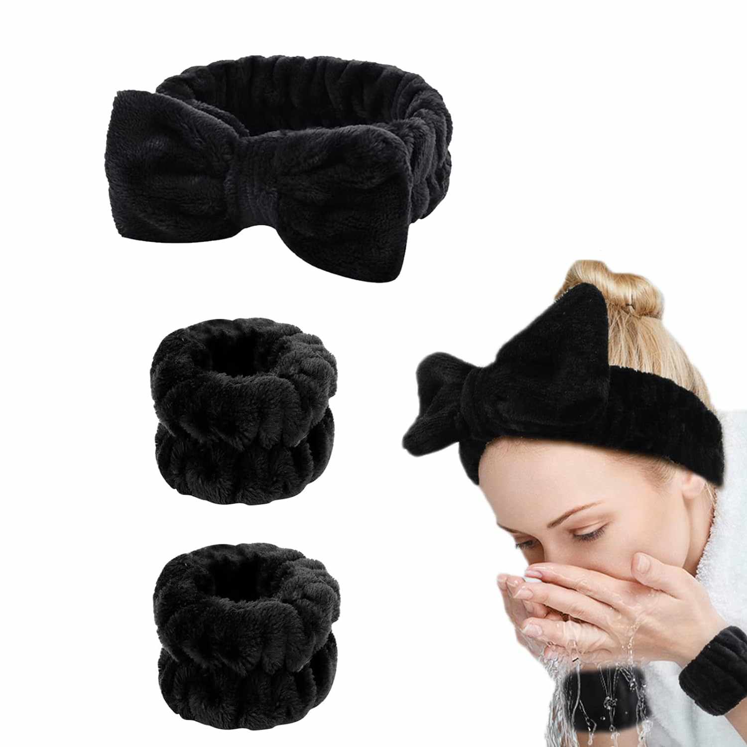 Diadema de spa para maquillaje facial en forma de lazo con muñequeras negro
