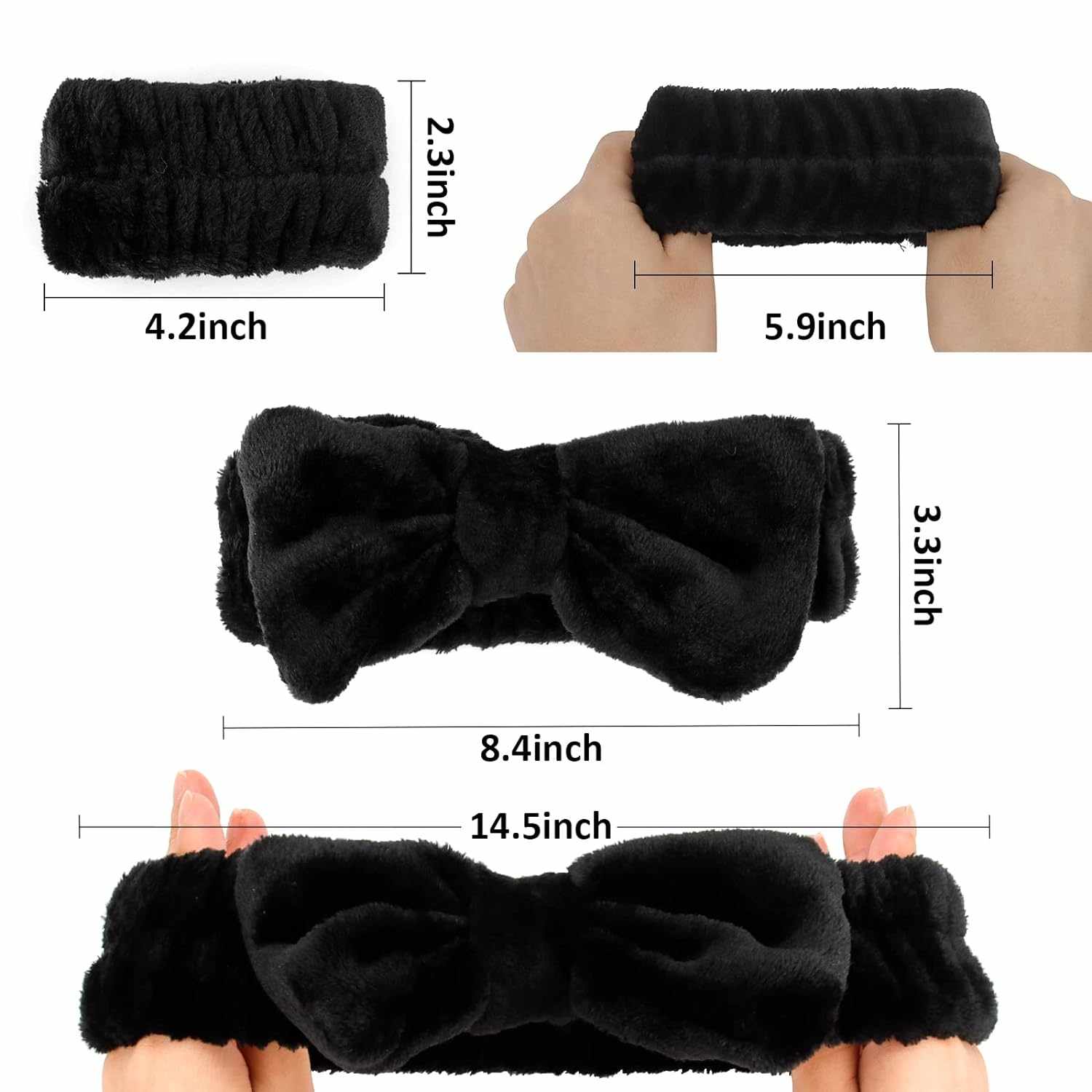 Diadema de spa para maquillaje facial en forma de lazo con muñequeras negro - imagen 2