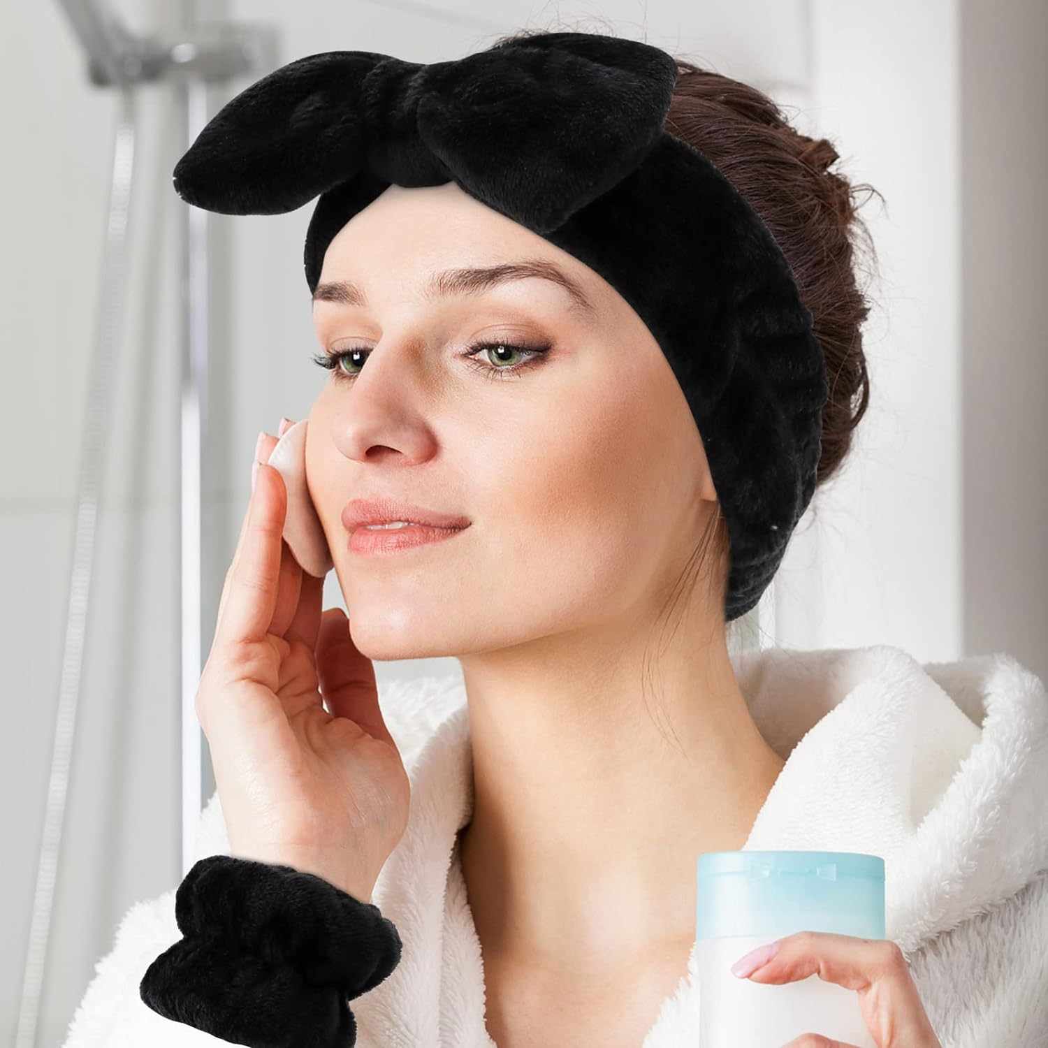 Diadema de spa para maquillaje facial en forma de lazo con muñequeras negro - imagen 5