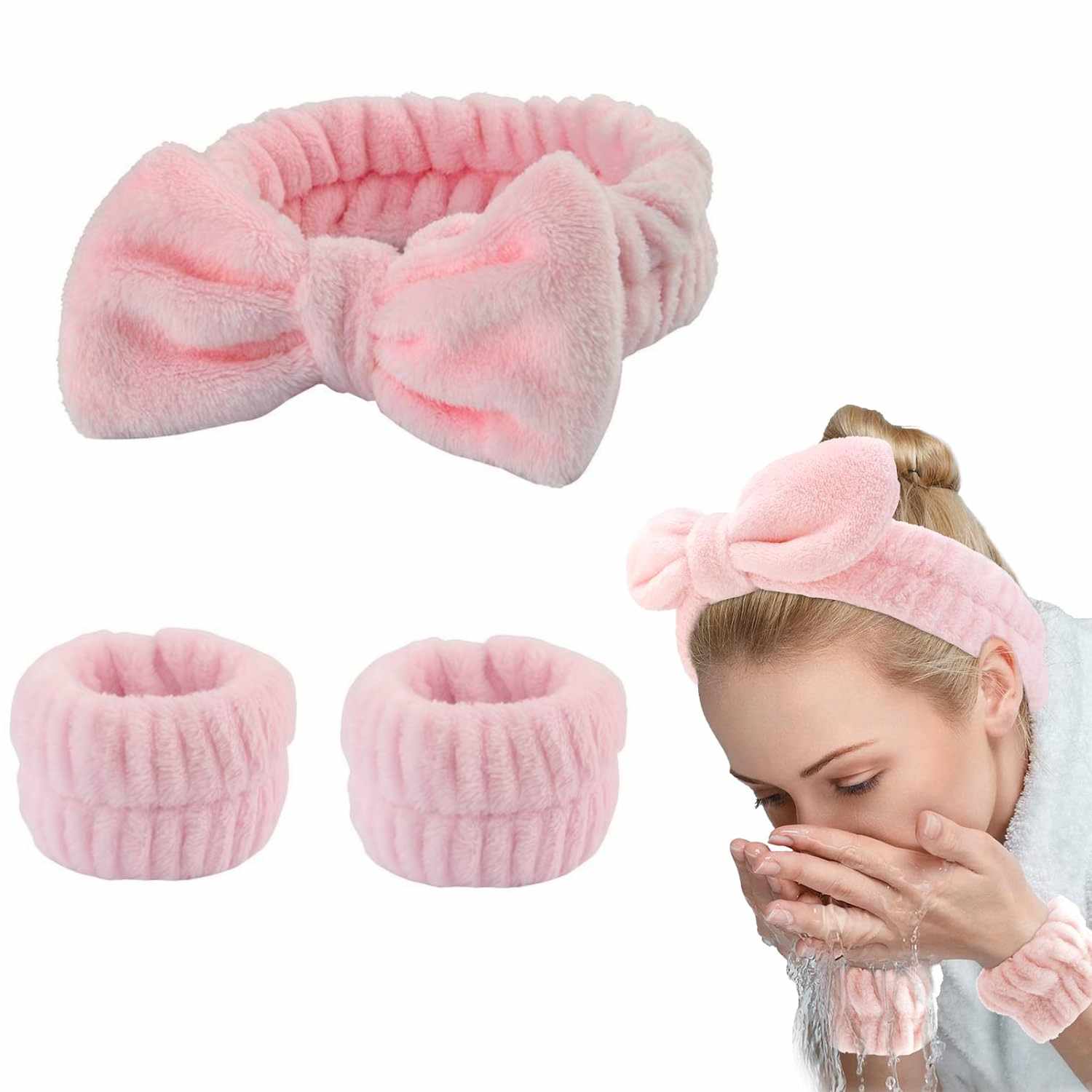Diadema de spa para maquillaje facial en forma de lazo con muñequeras rosa palo