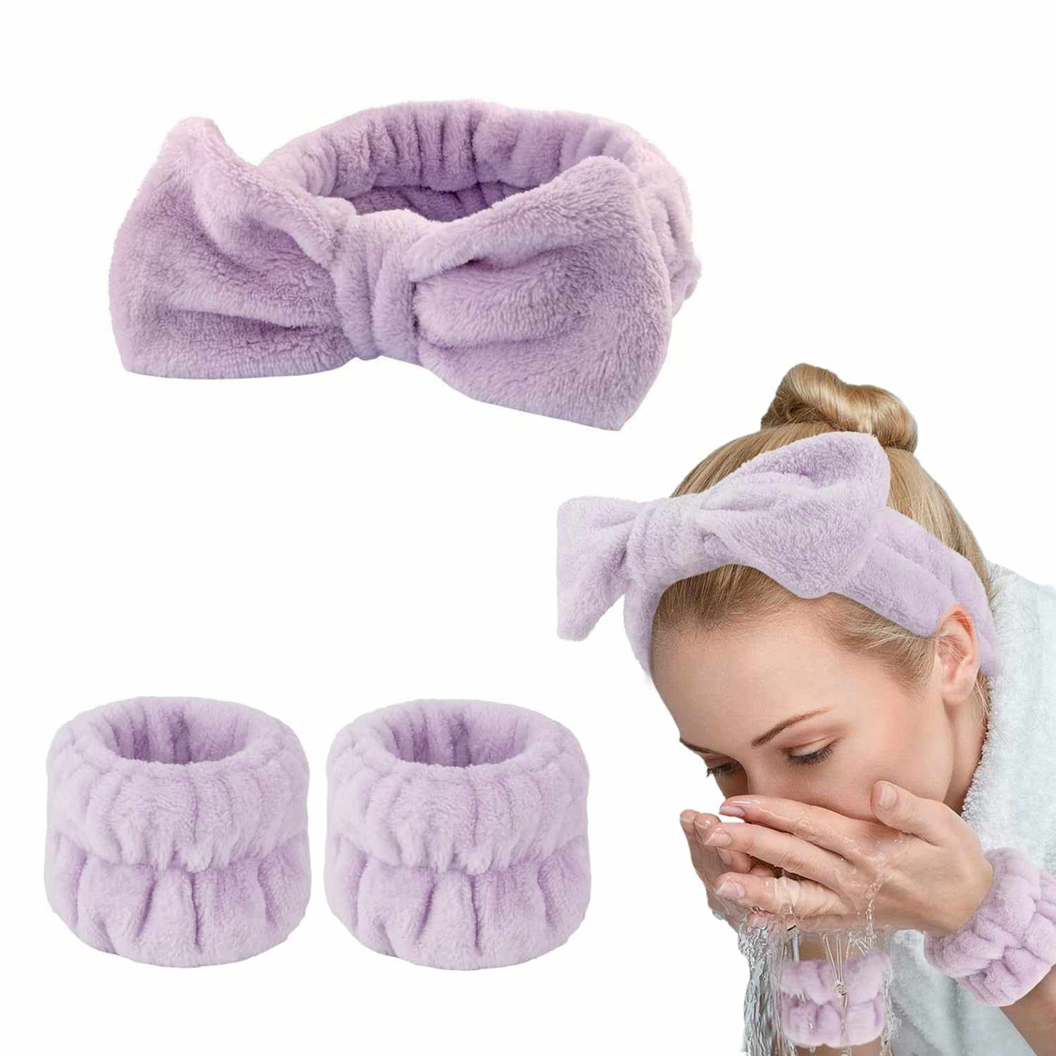 Diadema de spa para maquillaje facial en forma de lazo con muñequeras moradas