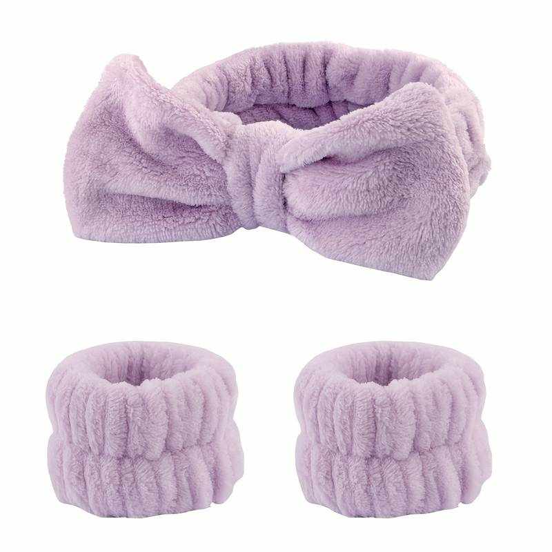 Diadema de spa para maquillaje facial en forma de lazo con muñequeras moradas - imagen 7