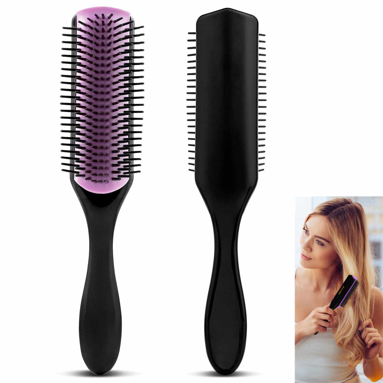 Cepillo Pelo Rizado de 9 Hileras, Peine Pelo Rizado, Hair Brush para Curly Rizos - Morado