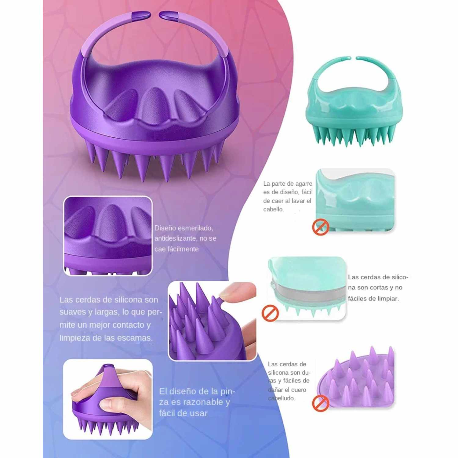 Masajeador Cuero Cabelludo, Cepillo Pelo de Silicona para Champú y Masaje Cabeza - Morado - imagen 6