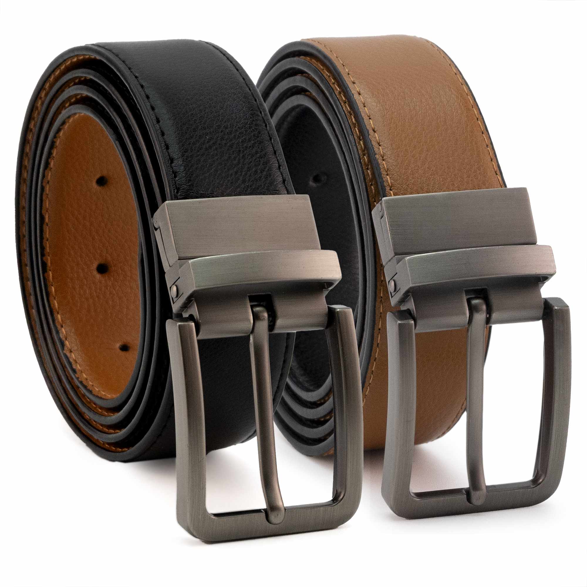 Cinturón liso reversible de cuero 100 cm negro y marron claro