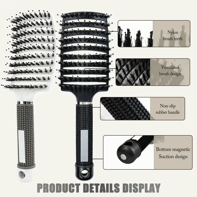Cepillo de Pelo Grueso con Cerdas de Jabalí Naturales, Curvo y Ventilado - Negro - imagen 2