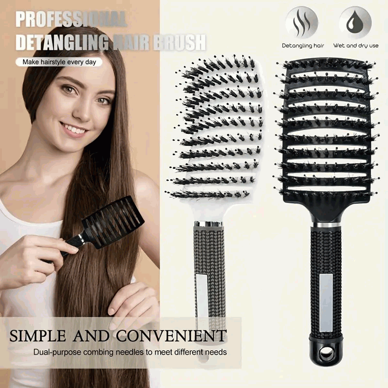 Cepillo de Pelo Grueso con Cerdas de Jabalí Naturales, Curvo y Ventilado - Negro - imagen 3