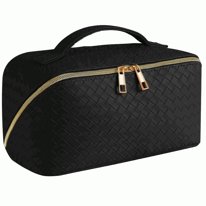 Bolsa de Cosméticos de Gran Capacidad en PU - Neceser de Maquillaje Portátil con Asa y Cremallera para Viajes y Baño - Negro