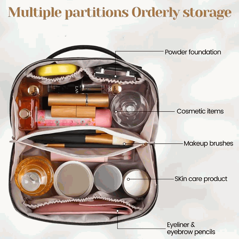 Bolsa de Cosméticos de Gran Capacidad en PU - Neceser de Maquillaje Portátil con Asa y Cremallera para Viajes y Baño - Negro - imagen 4