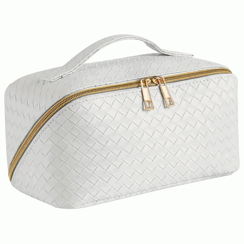 Bolsa de Cosméticos de Gran Capacidad en PU - Neceser de Maquillaje Portátil con Asa y Cremallera para Viajes y Baño - Blanco