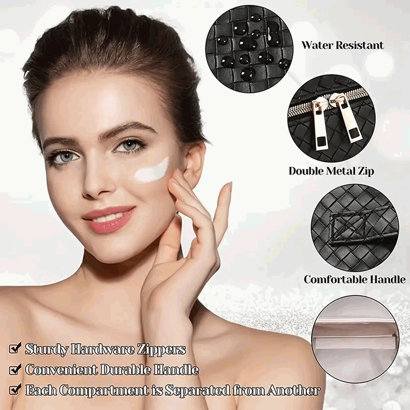 Bolsa de Cosméticos de Gran Capacidad en PU - Neceser de Maquillaje Portátil con Asa y Cremallera para Viajes y Baño - Blanco - imagen 3