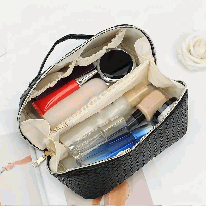 Bolsa de Cosméticos de Gran Capacidad en PU - Neceser de Maquillaje Portátil con Asa y Cremallera para Viajes y Baño - Blanco - imagen 6