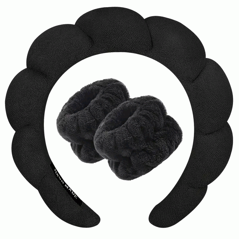 Set de Diadema Spa Antideslizante y Muñequeras de Esponja de Rizo Suave para Lavarse la Cara y Maquillaje - Negro