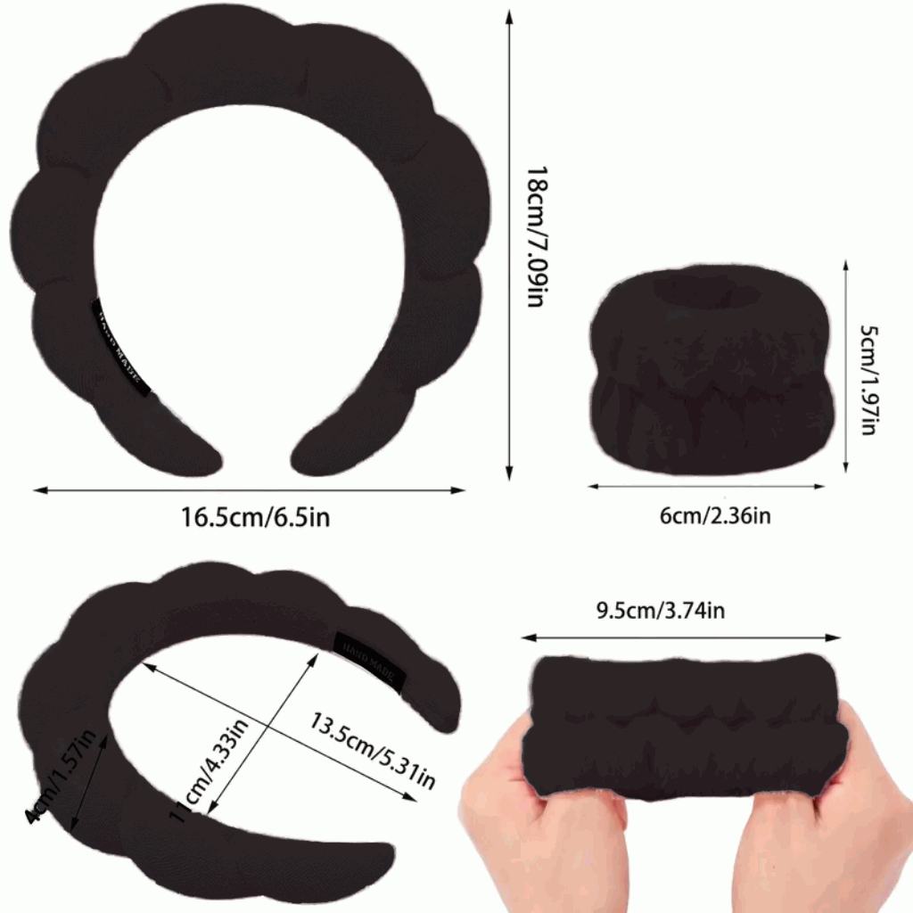Set de Diadema Spa Antideslizante y Muñequeras de Esponja de Rizo Suave para Lavarse la Cara y Maquillaje - Negro - imagen 2
