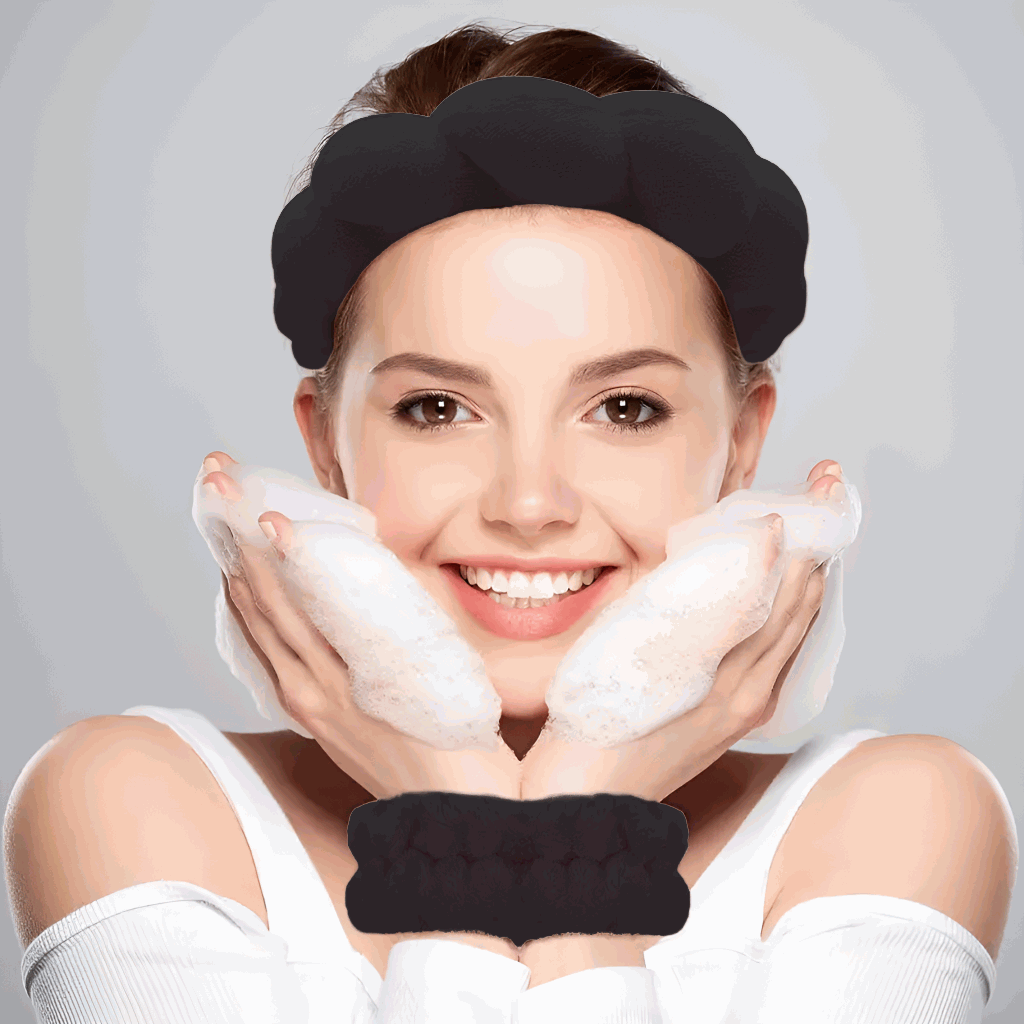 Set de Diadema Spa Antideslizante y Muñequeras de Esponja de Rizo Suave para Lavarse la Cara y Maquillaje - Negro - imagen 3