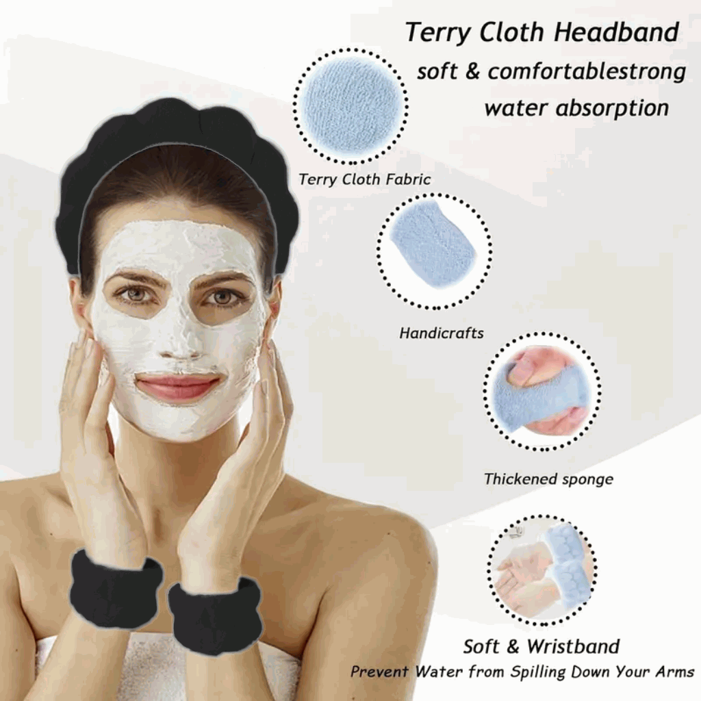 Set de Diadema Spa Antideslizante y Muñequeras de Esponja de Rizo Suave para Lavarse la Cara y Maquillaje - Negro - imagen 4