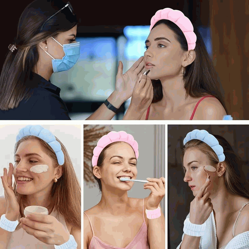 Set de Diadema Spa Antideslizante y Muñequeras de Esponja de Rizo Suave para Lavarse la Cara y Maquillaje - Negro - imagen 5