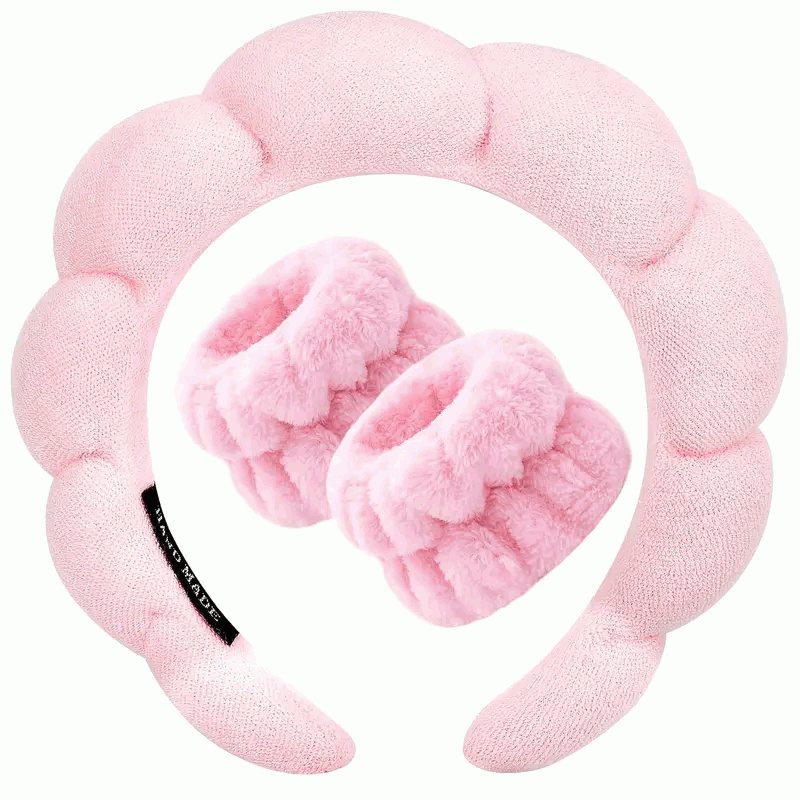 Set de Diadema Spa Antideslizante y Muñequeras de Esponja de Rizo Suave para Lavarse la Cara y Maquillaje - Rosa