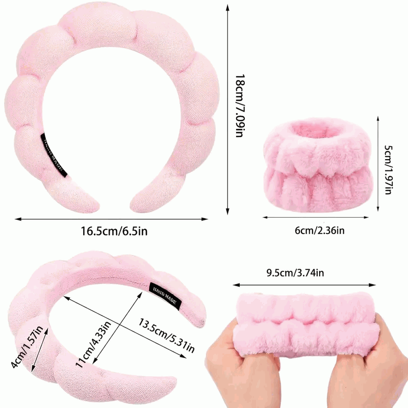 Set de Diadema Spa Antideslizante y Muñequeras de Esponja de Rizo Suave para Lavarse la Cara y Maquillaje - Rosa - imagen 2