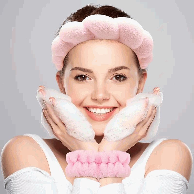 Set de Diadema Spa Antideslizante y Muñequeras de Esponja de Rizo Suave para Lavarse la Cara y Maquillaje - Rosa - imagen 3