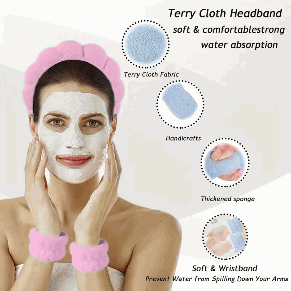 Set de Diadema Spa Antideslizante y Muñequeras de Esponja de Rizo Suave para Lavarse la Cara y Maquillaje - Rosa - imagen 4