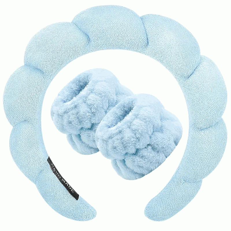 Set de Diadema Spa Antideslizante y Muñequeras de Esponja de Rizo Suave para Lavarse la Cara y Maquillaje - Azul