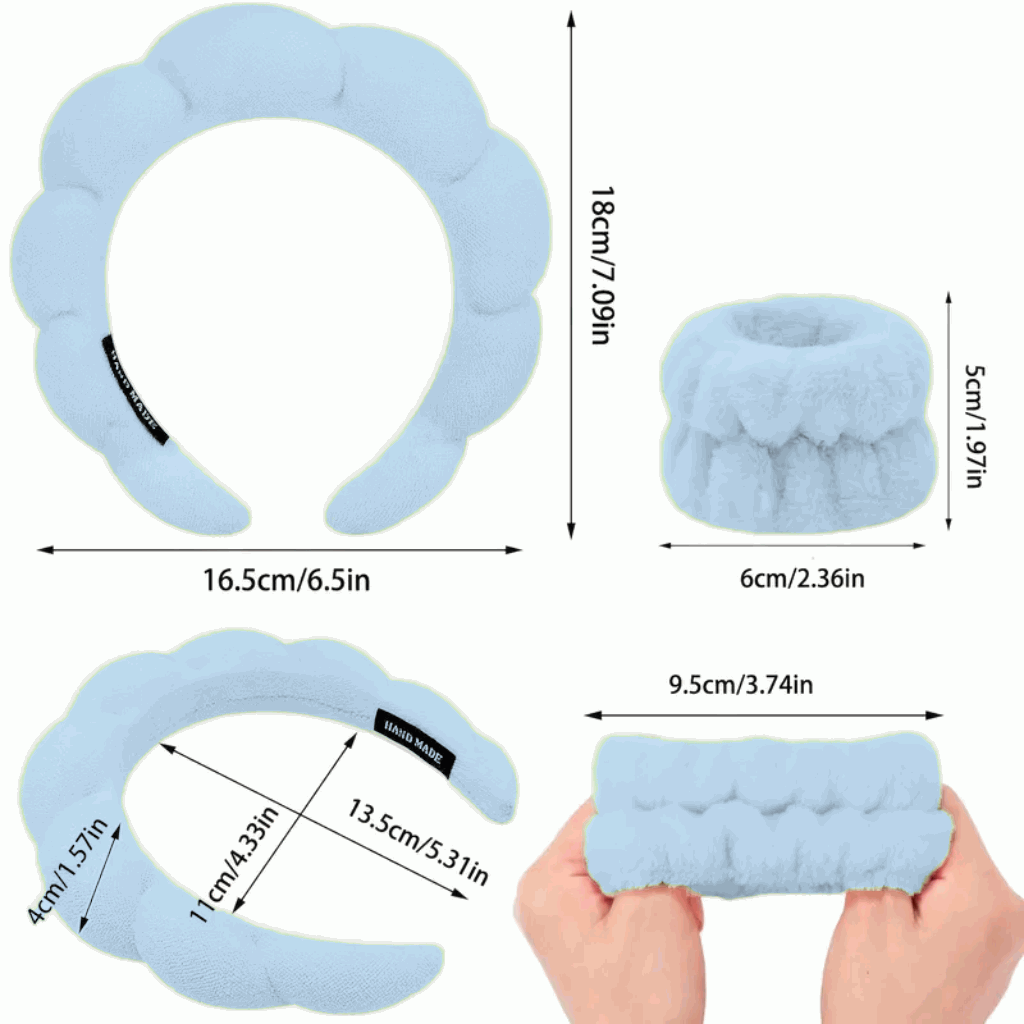 Set de Diadema Spa Antideslizante y Muñequeras de Esponja de Rizo Suave para Lavarse la Cara y Maquillaje - Azul - imagen 2