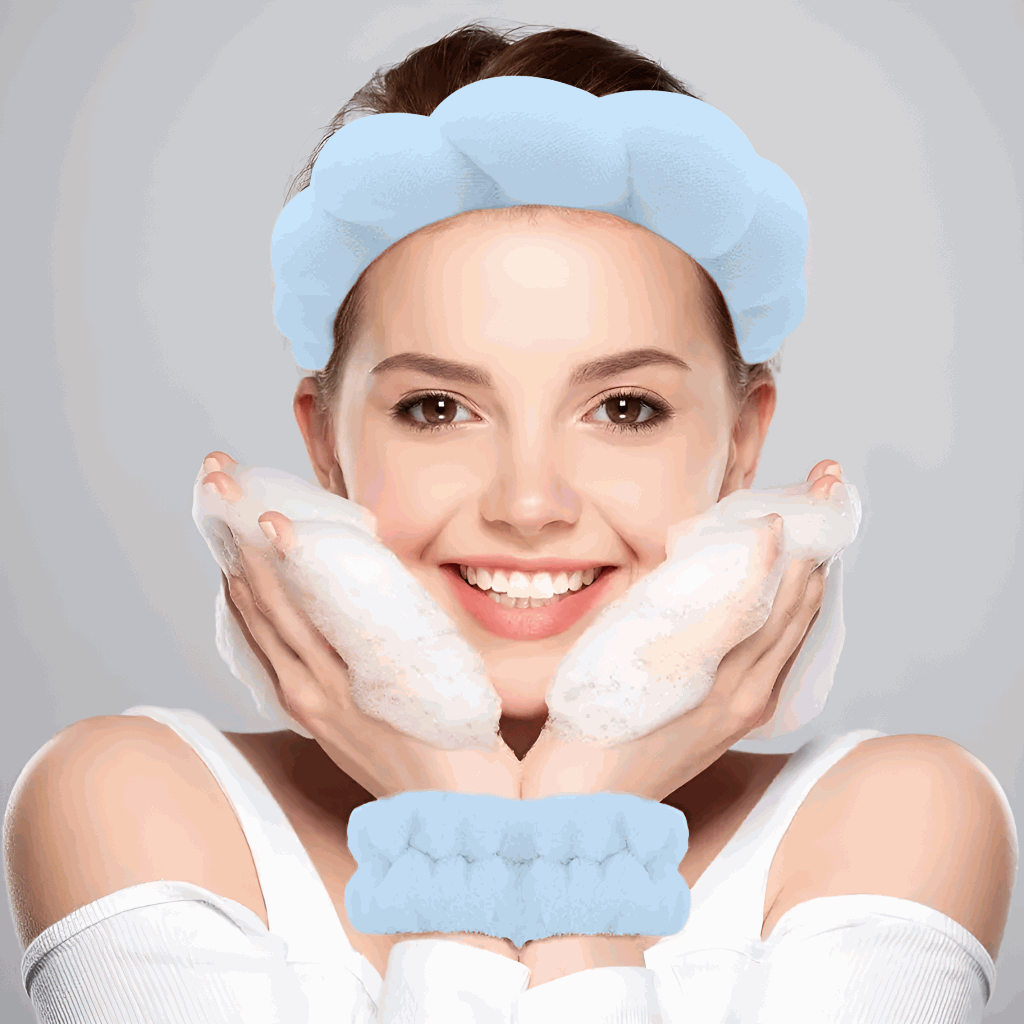 Set de Diadema Spa Antideslizante y Muñequeras de Esponja de Rizo Suave para Lavarse la Cara y Maquillaje - Azul - imagen 3