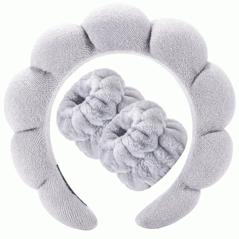 Set de Diadema Spa Antideslizante y Muñequeras de Esponja de Rizo Suave para Lavarse la Cara y Maquillaje - Gris