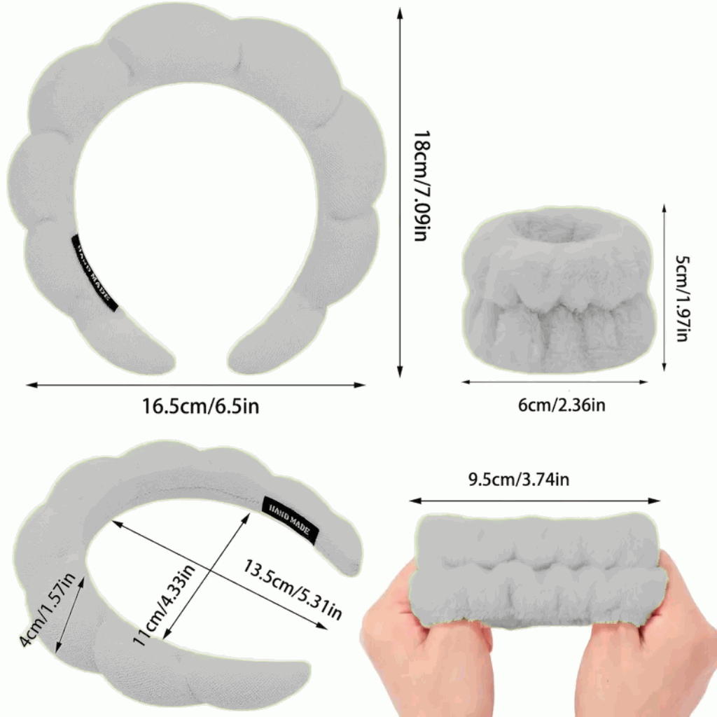 Set de Diadema Spa Antideslizante y Muñequeras de Esponja de Rizo Suave para Lavarse la Cara y Maquillaje - Gris - imagen 2