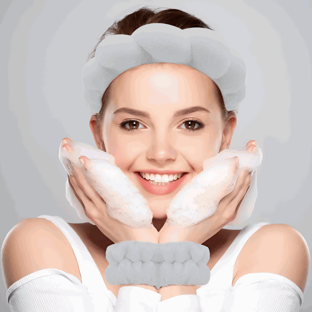 Set de Diadema Spa Antideslizante y Muñequeras de Esponja de Rizo Suave para Lavarse la Cara y Maquillaje - Gris - imagen 3