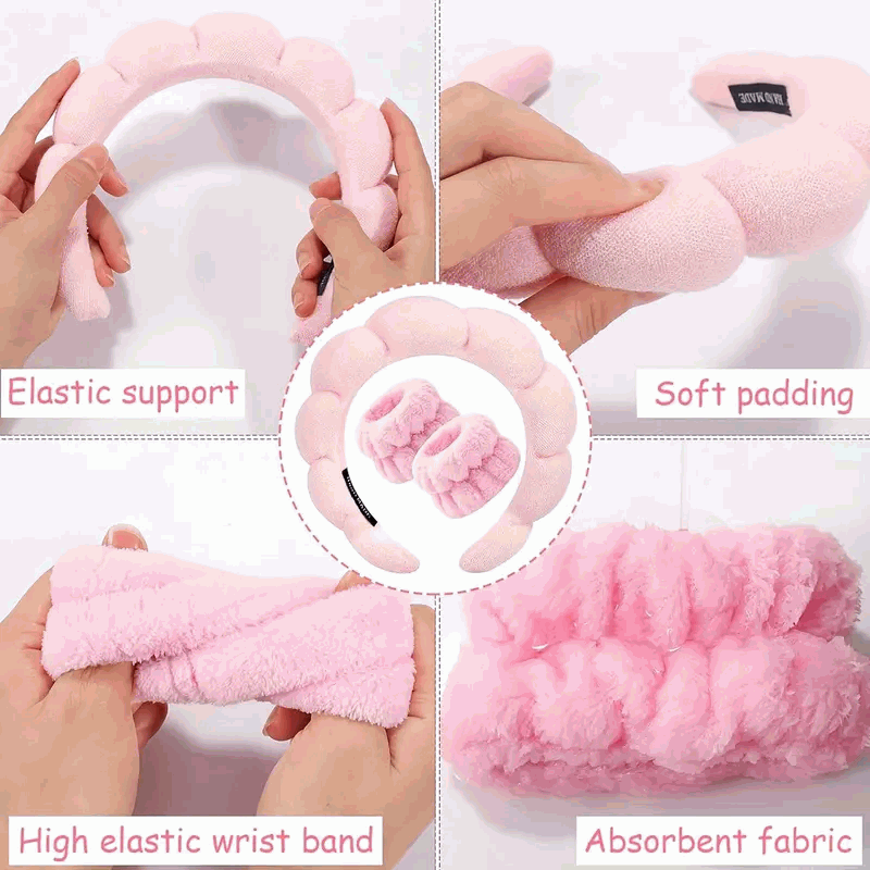 Set de Diadema Spa Antideslizante y Muñequeras de Esponja de Rizo Suave para Lavarse la Cara y Maquillaje - Gris - imagen 6