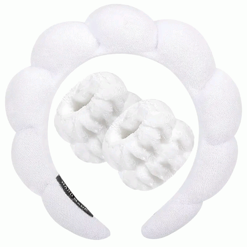 Set de Diadema Spa Antideslizante y Muñequeras de Esponja de Rizo Suave para Lavarse la Cara y Maquillaje - Blanco