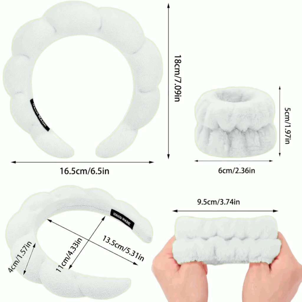 Set de Diadema Spa Antideslizante y Muñequeras de Esponja de Rizo Suave para Lavarse la Cara y Maquillaje - Blanco - imagen 2