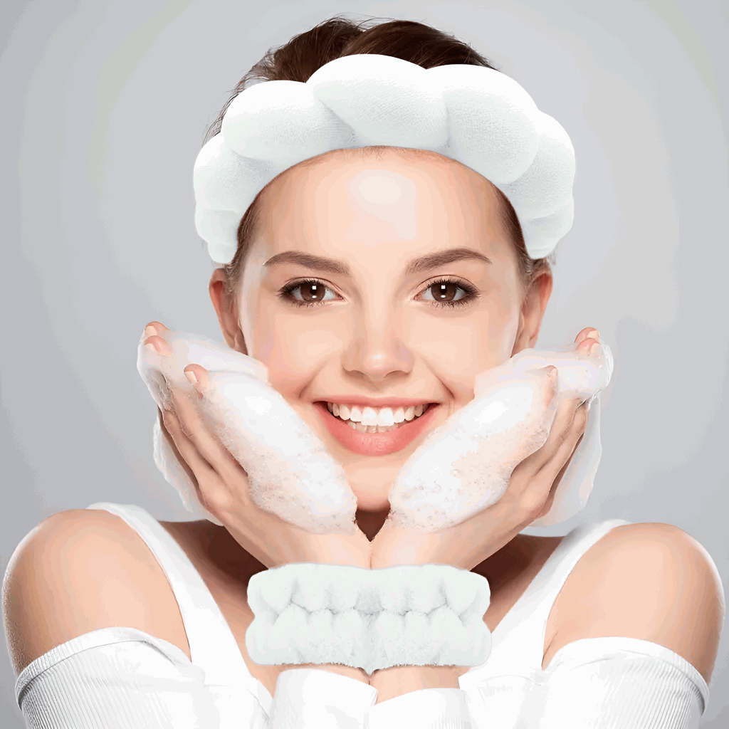Set de Diadema Spa Antideslizante y Muñequeras de Esponja de Rizo Suave para Lavarse la Cara y Maquillaje - Blanco - imagen 3