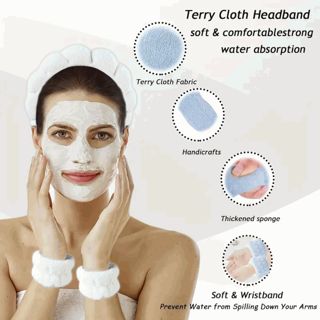 Set de Diadema Spa Antideslizante y Muñequeras de Esponja de Rizo Suave para Lavarse la Cara y Maquillaje - Blanco - imagen 4