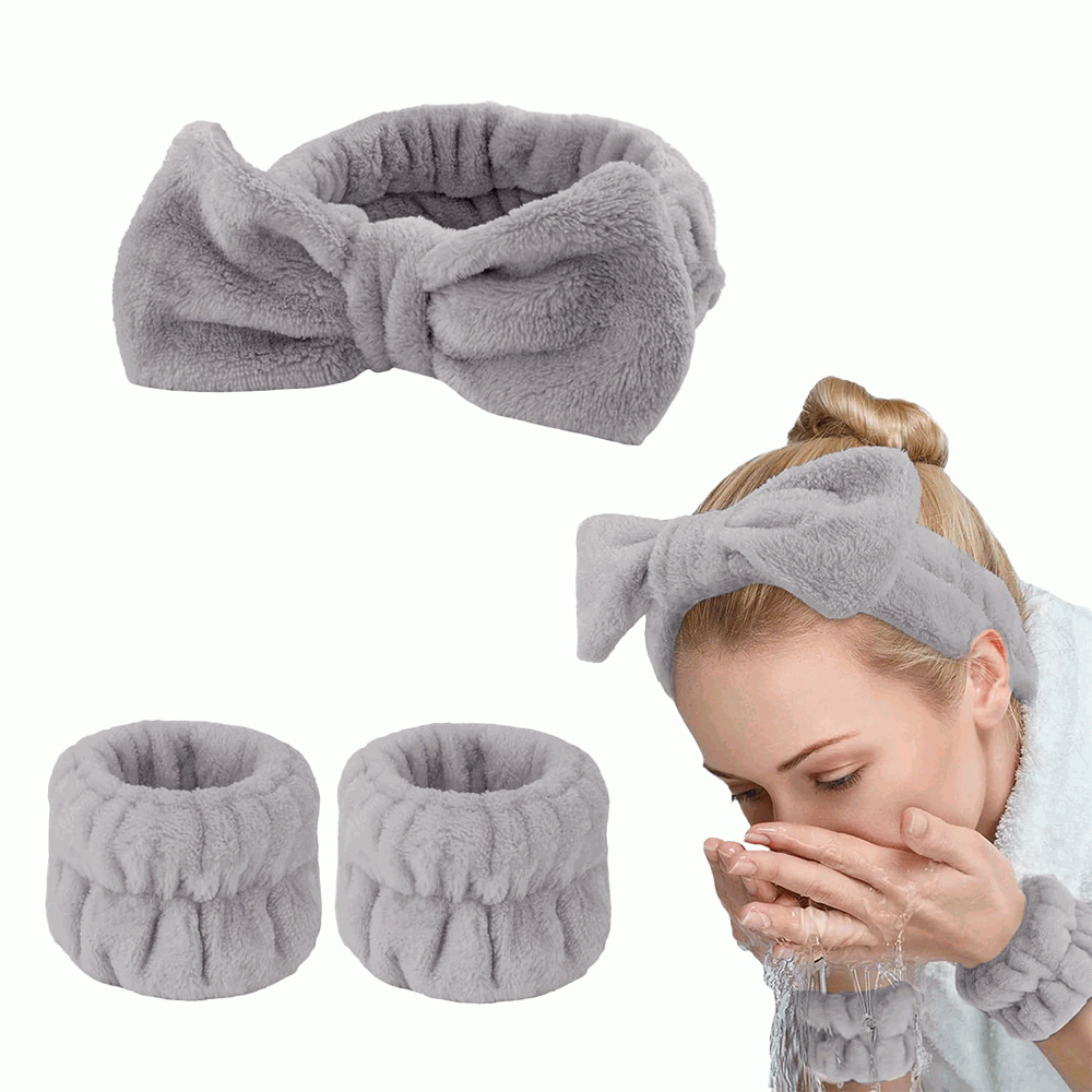 Diadema de Spa con Lazo y Muñequeras para Maquillaje Facial y Cuidado de la Piel - Gris